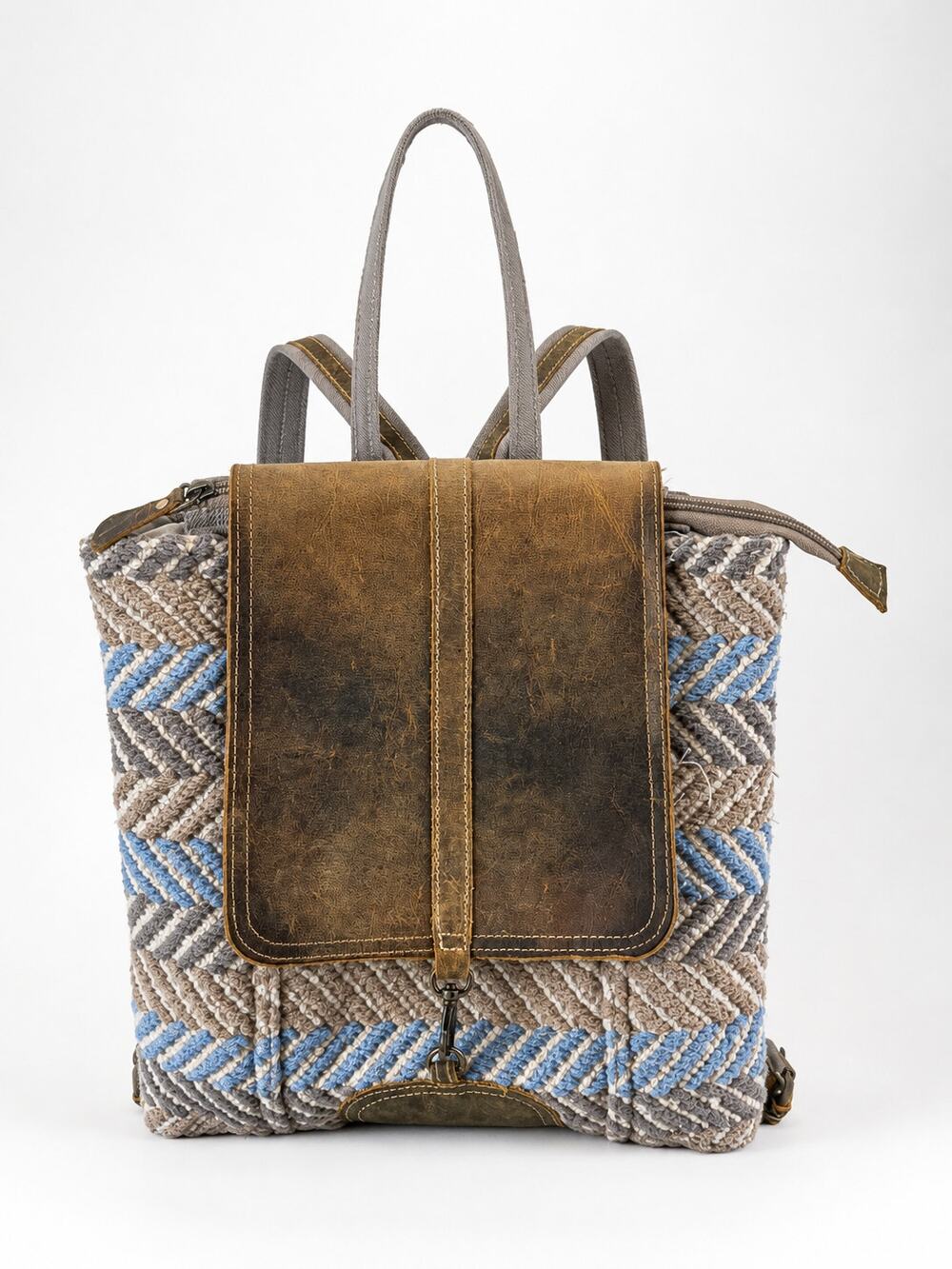 Myra Intrigued Backpack Blue Beige Herringbone Leather Cotton Bag